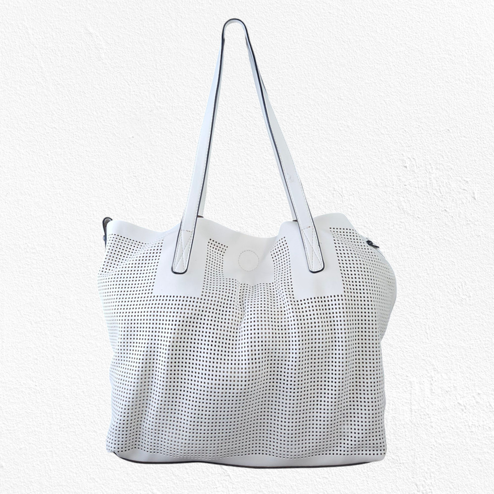 Lily and Ivy White Perforated Tote Bag with Removable Crossbody Strap and Pouch